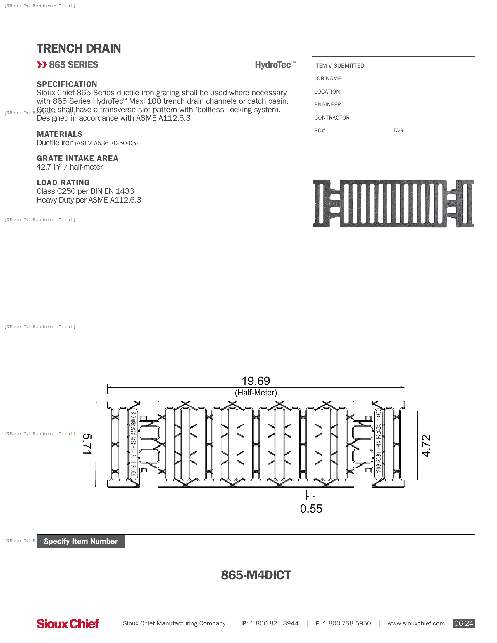 865-M4DICT - HYDROTEC MAXI 100 GRATE CLASS C250 - SPEC SHEET.PDF Specification Document